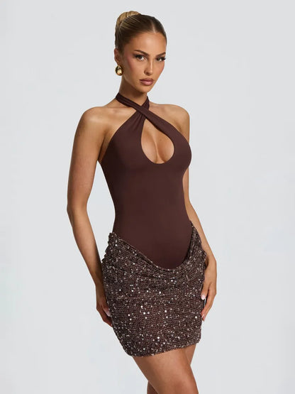 Evangeline Cross Halter Sequin Mini Dress