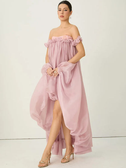 Calliope Pink Off Shoulder High Low Ruffle Maxi Dress