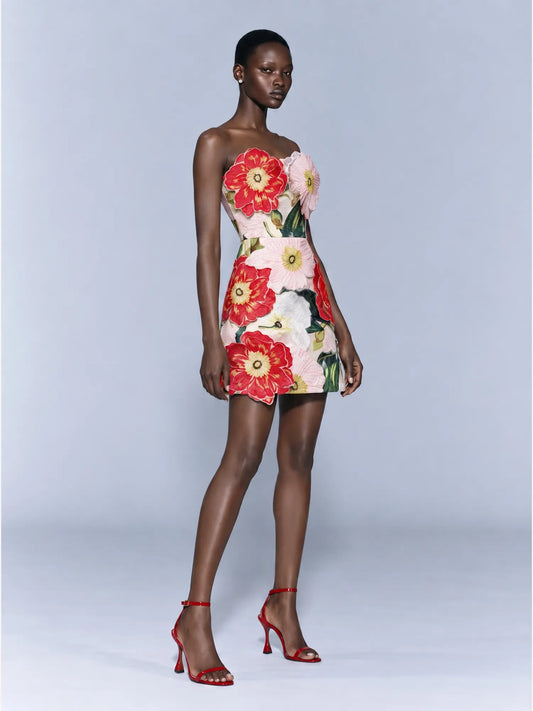 Roselyn Strapless Mini Dress with 3D Floral Embroidery