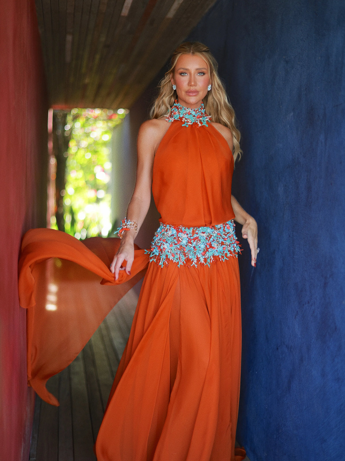 Maraya Halter Beaded Chiffon Maxi Dress In Orange