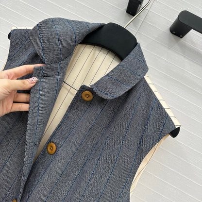 Prada 25 Striped Vest Jacket Grey Wool Cotton Polyester