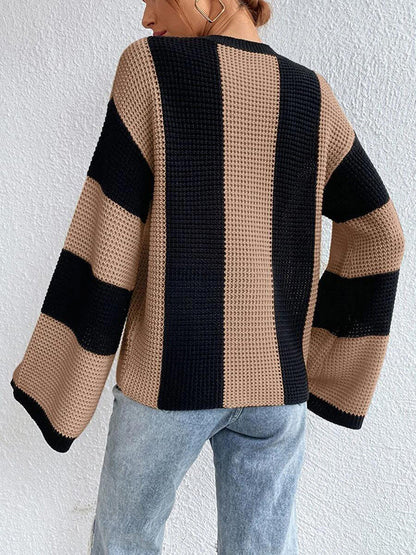 Flared Sleeves Long Sleeves Contrast Color Round-Neck Knitwear Pullovers Sweater Tops