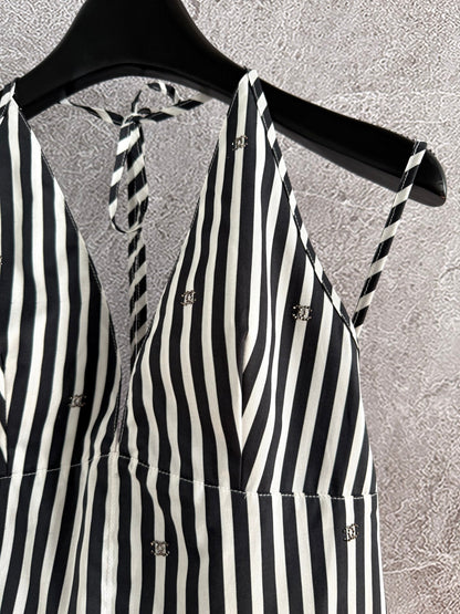 CC Striped Halter Top Black White Cotton