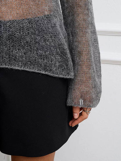 Long Sleeves Loose See-Through Solid Color Round-Neck Sweater Tops