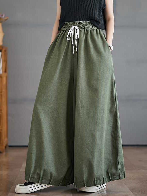 High Waisted Loose Drawstring Elasticity Pleated Pockets Culotte Knickerbockers