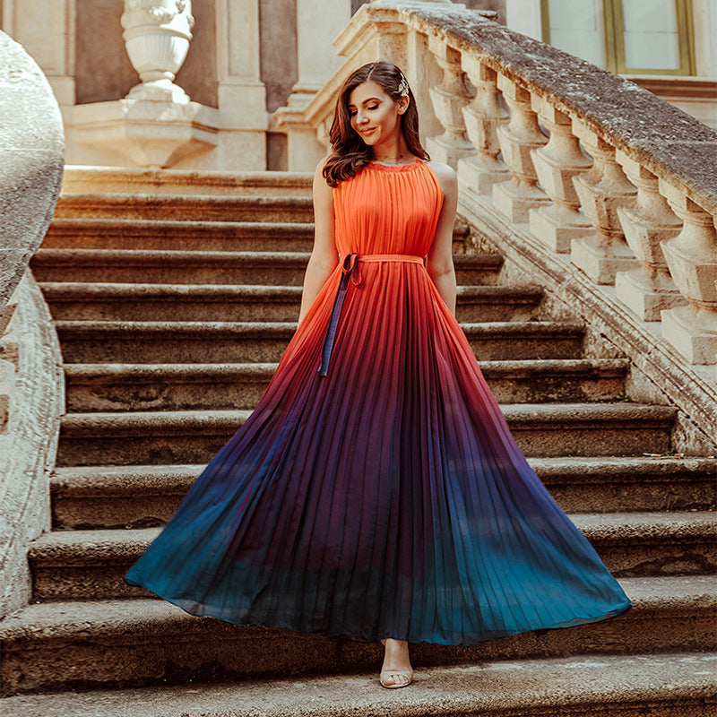Gradient Oversized Skirt Crewneck  Sleeveless Tie Dress