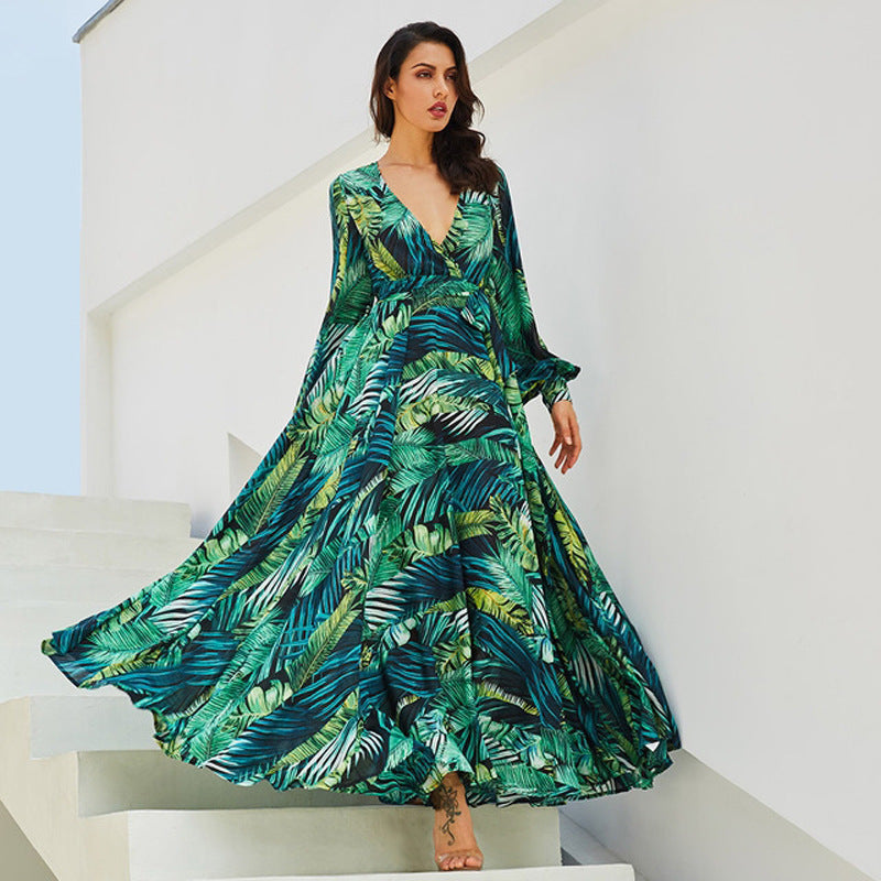 Spring And Summer New Print Dress V-Neck Balloon Sleeve 3-Color Dress