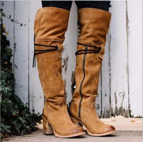 Winter Suede Round Head Side Zipper High Thick Heel Boots