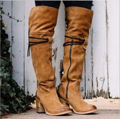 Winter Suede Round Head Side Zipper High Thick Heel Boots