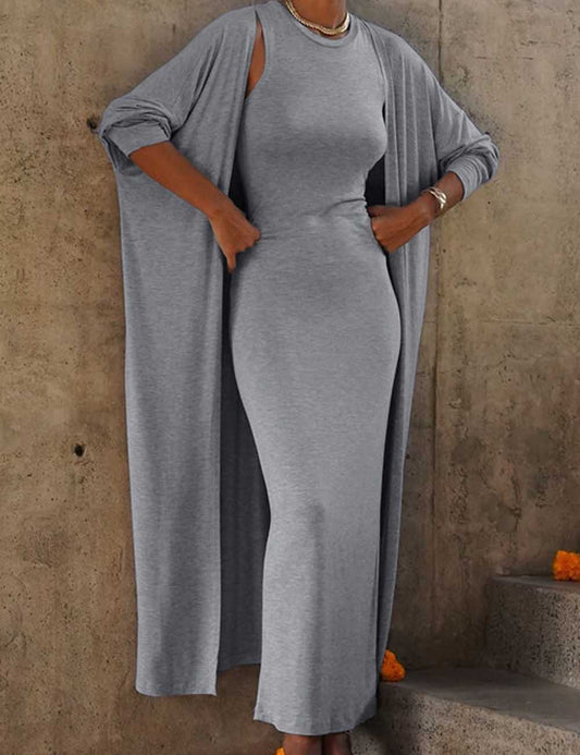 2 Pcs Casual Long Cardigan Tank Dress Set