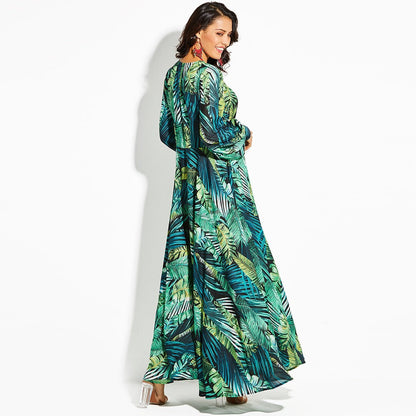 Spring And Summer New Print Dress V-Neck Balloon Sleeve 3-Color Dress