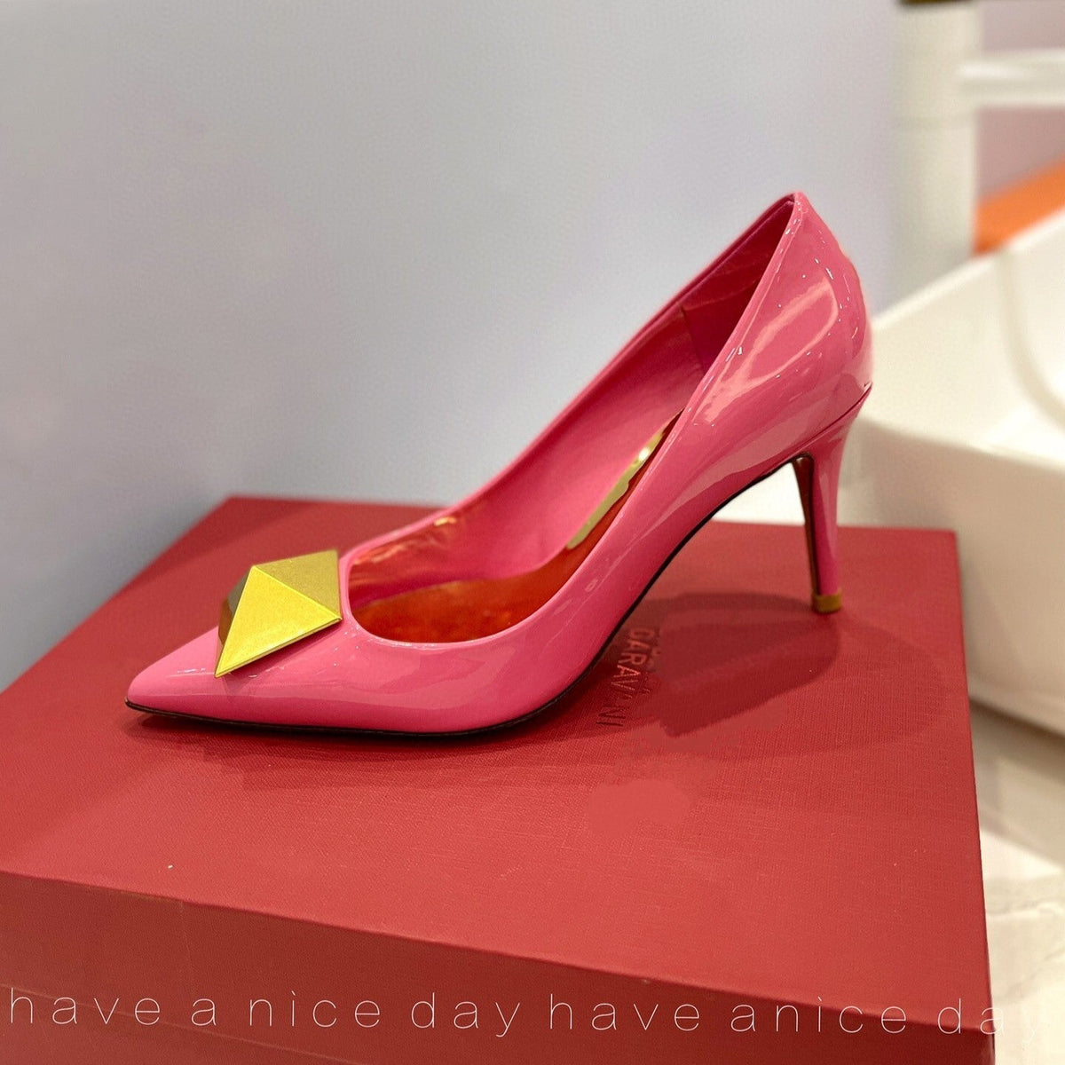 One Stud Gold Patent Pink Leather Pump