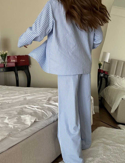 Plaid Color Contrast Long Sleeve Sleepwear Set