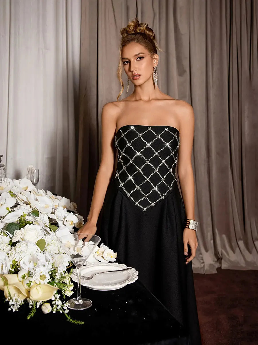 Elara Rhinestone Grid Formal Midi Dress
