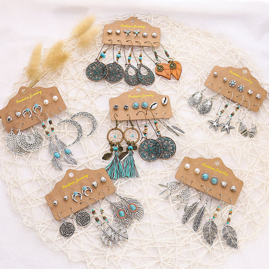 Bohemian Long Leaf Feather Earrings Set