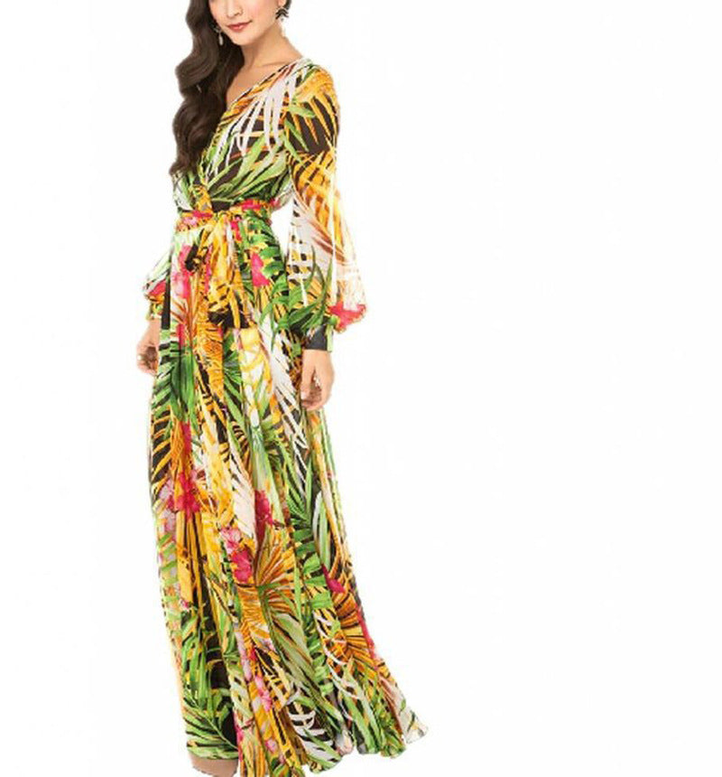 Spring And Summer New Print Dress V-Neck Balloon Sleeve 3-Color Dress