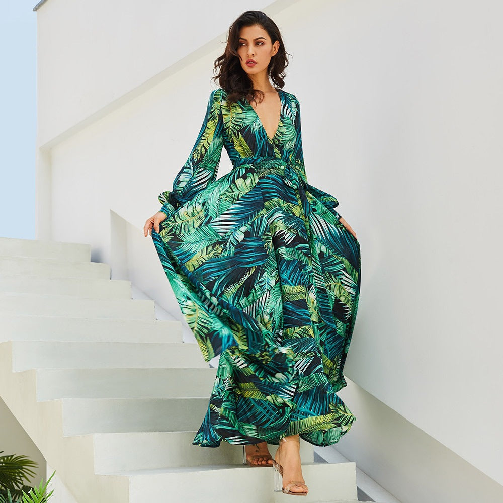 Spring And Summer New Print Dress V-Neck Balloon Sleeve 3-Color Dress