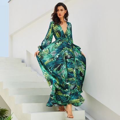 Spring And Summer New Print Dress V-Neck Balloon Sleeve 3-Color Dress