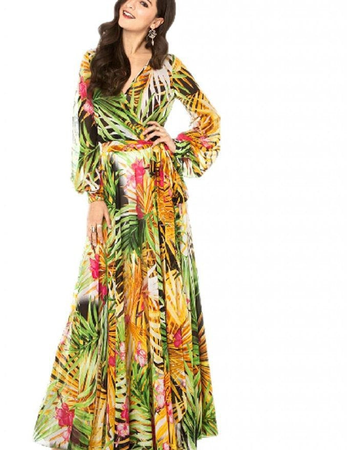 Spring And Summer New Print Dress V-Neck Balloon Sleeve 3-Color Dress