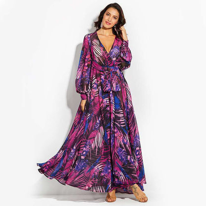 Spring And Summer New Print Dress V-Neck Balloon Sleeve 3-Color Dress