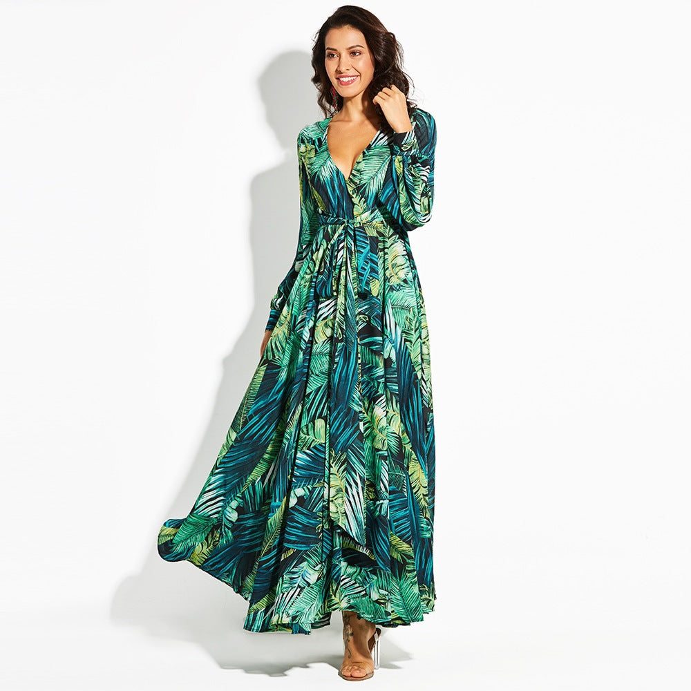 Spring And Summer New Print Dress V-Neck Balloon Sleeve 3-Color Dress
