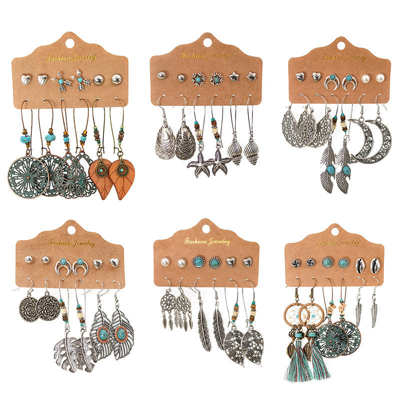 Bohemian Long Leaf Feather Earrings Set