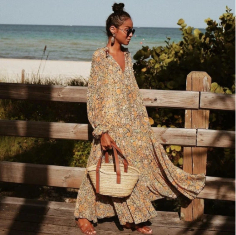 Ladies Dress Small Floral Bohemian Full Skirt Beach Dress