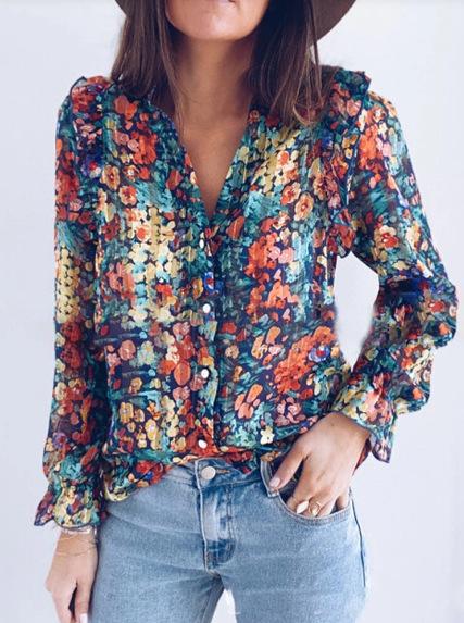 New Women'S Fashion Long-Sleeved Floral Top Loose Shirt