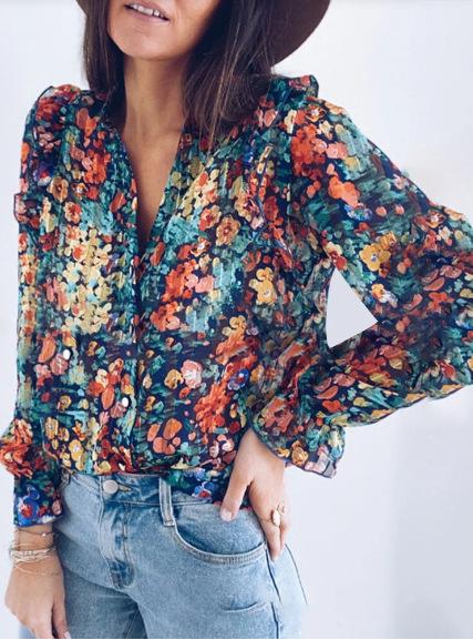 New Women'S Fashion Long-Sleeved Floral Top Loose Shirt
