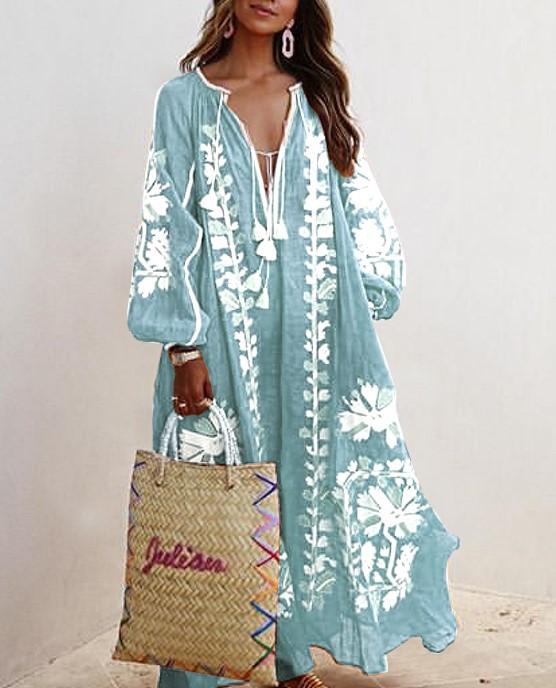 New Printed Loose Large Size V-Neck Midi Dress