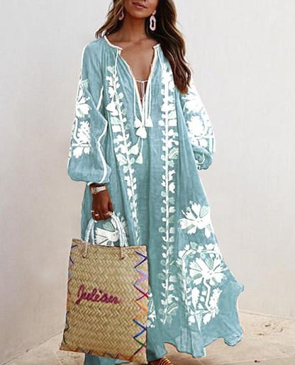 New Printed Loose Large Size V-Neck Midi Dress
