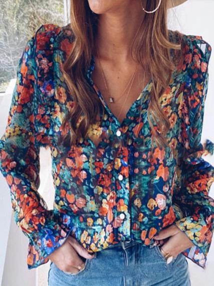 New Women'S Fashion Long-Sleeved Floral Top Loose Shirt