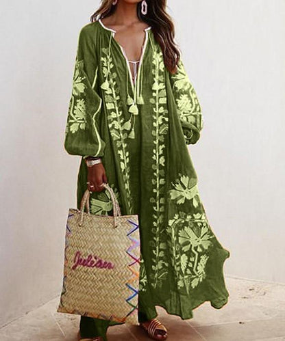 New Printed Loose Large Size V-Neck Midi Dress