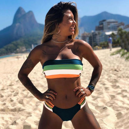 New European And American Women'S Fashion Split Bikini Stitching Striped Swimsuit