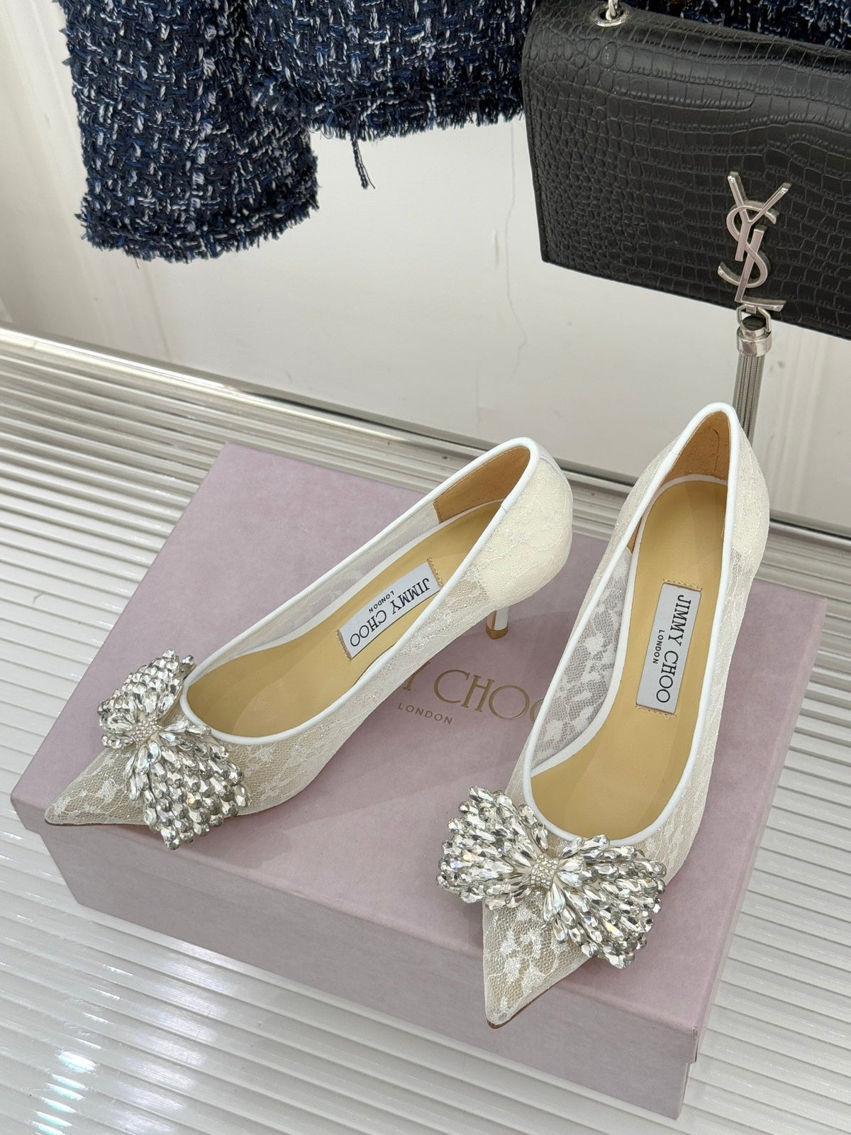 JC25WF Rhinestone Bow Pionted Toe High Heels 65 White Sheepskin 573537