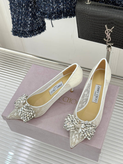 JC25WF Rhinestone Bow Pionted Toe High Heels 65 White Sheepskin 573537