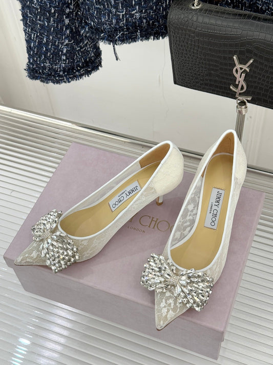JC25WF Rhinestone Bow Pionted Toe High Heels 65 White Sheepskin 573537