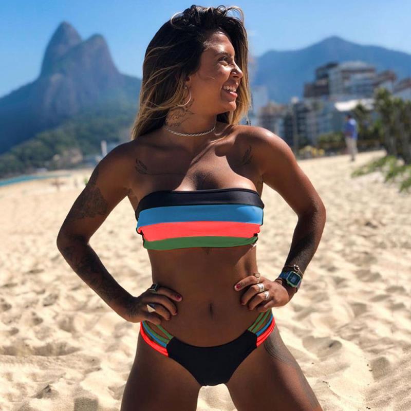 New European And American Women'S Fashion Split Bikini Stitching Striped Swimsuit