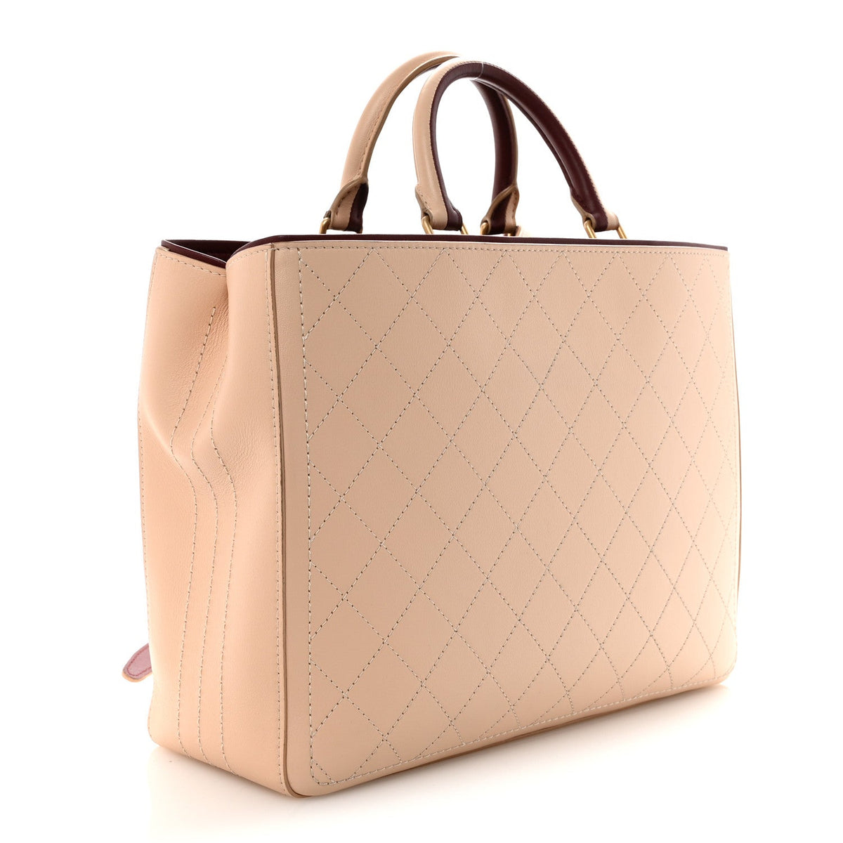 Bullskin Stitched Bi-Color Large Shopping Tote Beige Burgundy