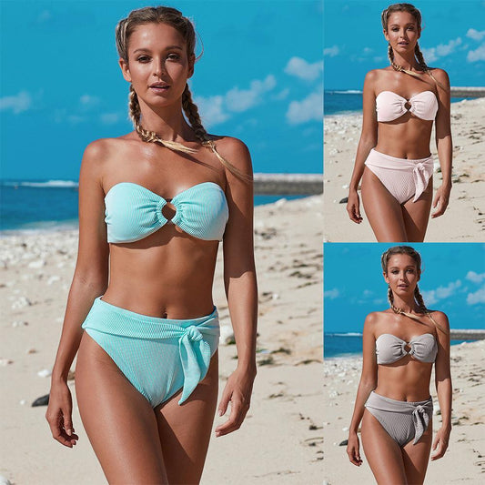 Summer Bikini Strapless Striped High Waist Split Swimsuit