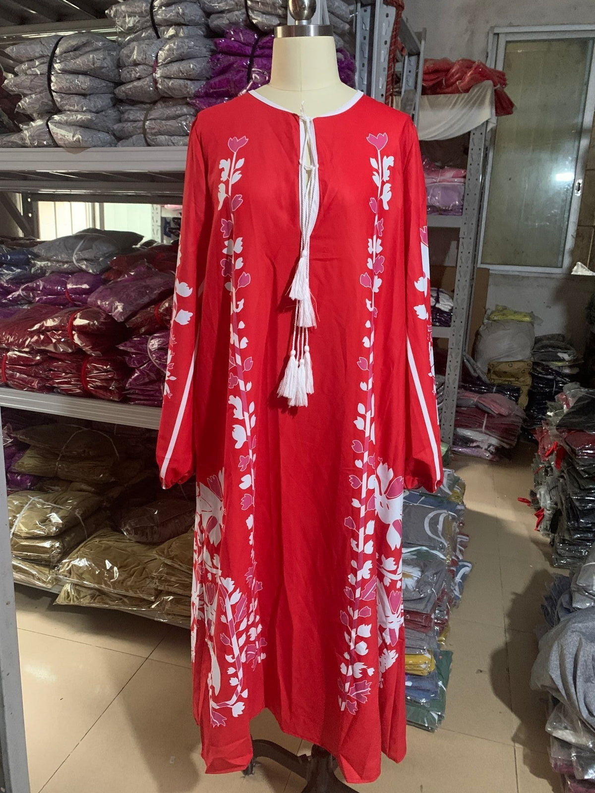 New Printed Loose Large Size V-Neck Midi Dress