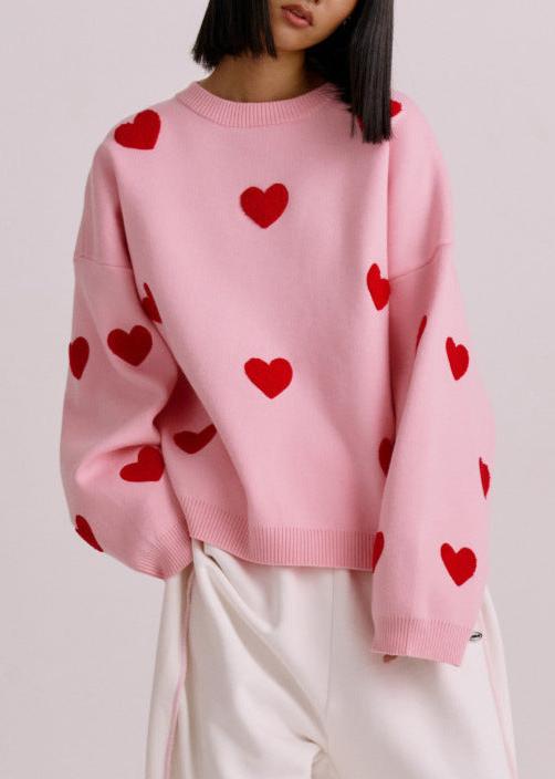 Cozy Knit Sweater With Embroidered Hearts
