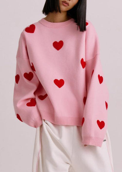 Cozy Knit Sweater With Embroidered Hearts