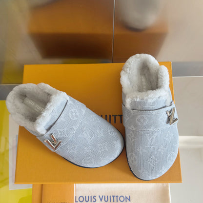 LV 25 Birkenstock Platform Slippers Light Gray Denim Wool 576221