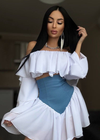 Off Shoulder Ruffle Sleeve Two Tone Mini Dress