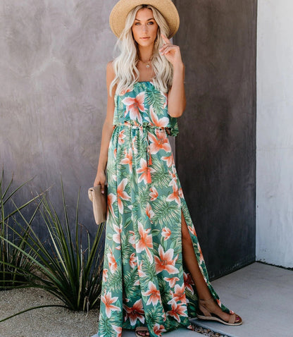 Printed One-Shoulder Ruffled Split Dress