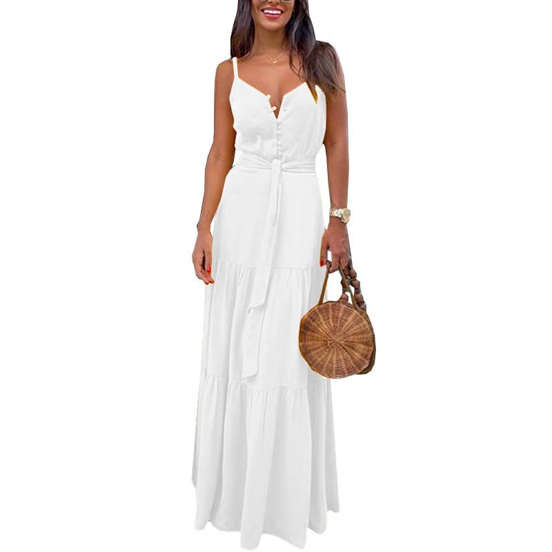Summer New Women'S Personality Button-Up V-Neck Sling Dress Fc539