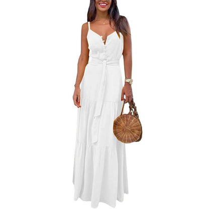 Summer New Women'S Personality Button-Up V-Neck Sling Dress Fc539