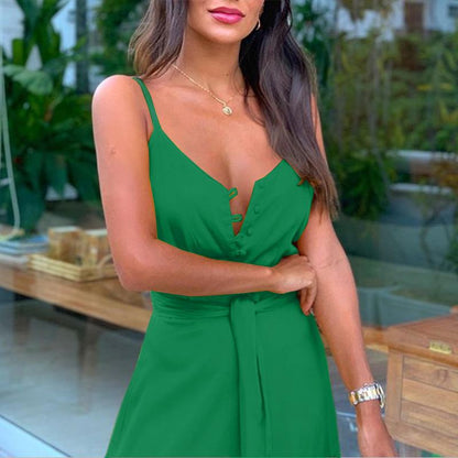 Summer New Women'S Personality Button-Up V-Neck Sling Dress Fc539