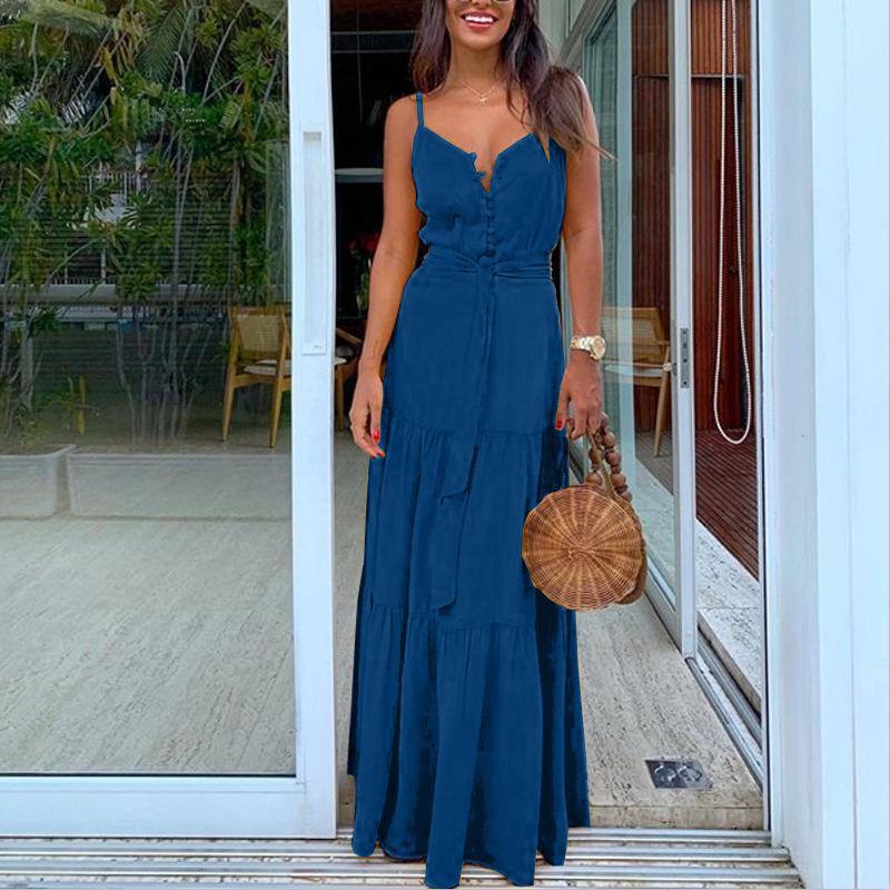 Summer New Women'S Personality Button-Up V-Neck Sling Dress Fc539